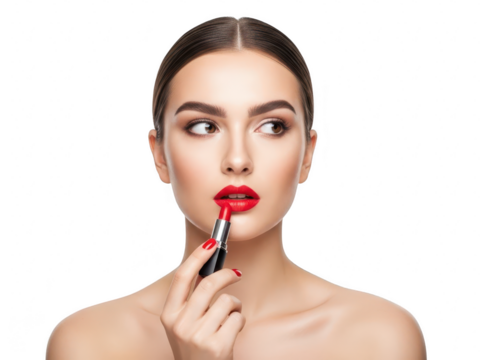 Beautiful young woman applying bright red lipstick while looking to the side, isolated on transparent background
