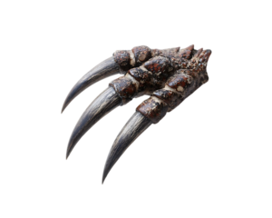 Close-up of a claw with three sharp talons on a white background.