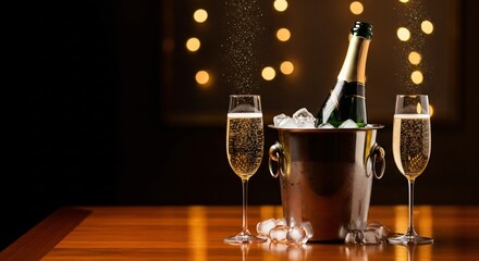 Elegant champagne bottle in ice bucket with two flutes, golden glitter, and bokeh lights.