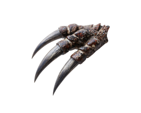 Close-up of a claw with three sharp talons on a white background.