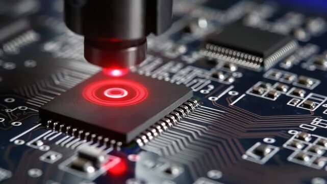 A futuristic red laser beam conducting a high-precision analysis on a central processing unit microchip, showcasing advanced semiconductor technology