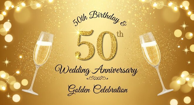 Golden 50th Birthday and Wedding Anniversary Celebration with Champagne Flutes and Glitter