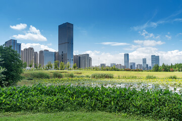 Fototapeta premium Lakeside modern office building in China