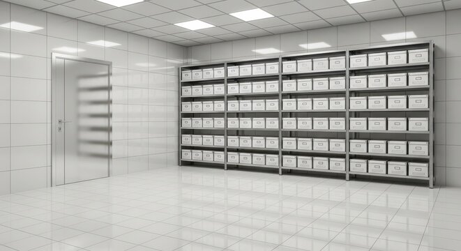 A clean, organized storage room with rows of white boxes on industrial shelving, showcasing efficient inventory management and logistics.