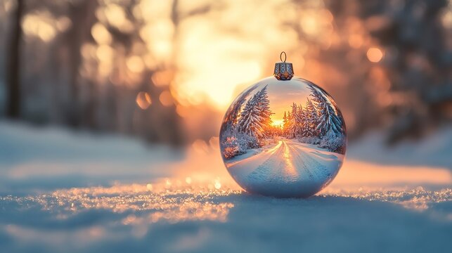 Christmas ornament with enchanted snowy landscape inside&mdash;winter sunset reflects on a road to snow-covered trees, blurred background highlights glass ball&rsquo;s intricate details & reflection