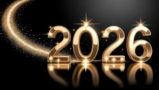 Elegant Golden 2026 Typography with Sparkling Glitter Trail on Black Background &ndash; Luxury Happy New Year Celebration Design