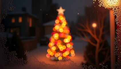 A beautiful christmas tree with bokeh lights stands in the snow covered yard on a cold winter night christmas