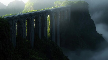 An old stone bridge covered in green plants, spanning a deep valley with fog, creating a mysterious and atmospheric scene.