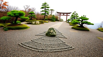 Zen garden with raked gravel, carefully placed rocks, pruned trees, and a torii gate in the background christmas