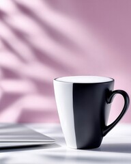 A stylish black and white coffee mug sits on a white desk next to a laptop. The background is a pink wall with a shadow, creating a minimalist and modern aesthe