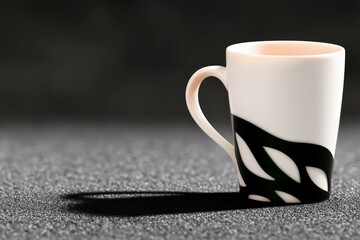 Close-up of a white coffee mug with a black design, set against a textured surface with dramatic lighting.