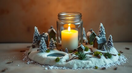 A festive winter scene with a candle in a jar surrounded by miniature snowcovered houses and trees christmas