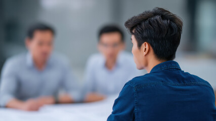 Job interview business meeting hiring process office interior professional team human resource candidate career discussion evaluation with focused tension and hopeful ambition in modern workplace