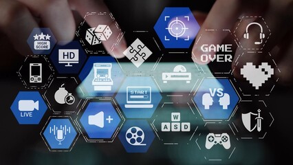 Gaming icons show online gaming, game streaming, and interactive play. Gaming supports esports, game community, and digital gaming experience. Funnel