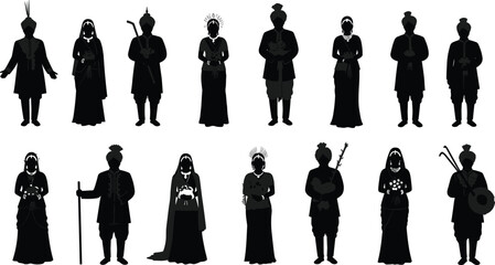 Traditional costume silhouettes, cultural attire, ethnic diversity, ceremonial dress, global heritage, festive garments, regional identity, folk fashion, cultural expression, black figures