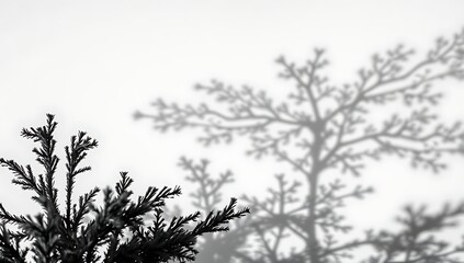 Silhouette of a coniferous tree branch against a bright white sky, creating a minimalist and serene winter scene christmas
