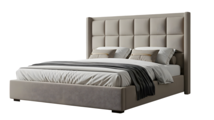 Elegant upholstered bed with high headboard isolated on transparent background