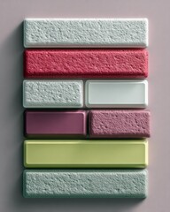 Close-up of a vertical arrangement of colorful rectangular blocks with different textures and colors against a pink background. The blocks are stacked and creat