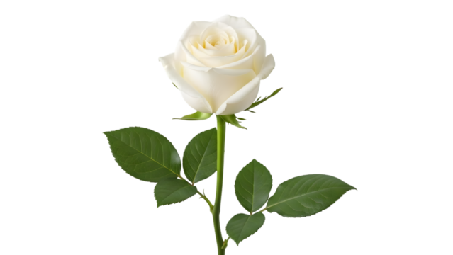 Elegant white rose bud with green leaves isolated on transparent background - Powered by Adobe
