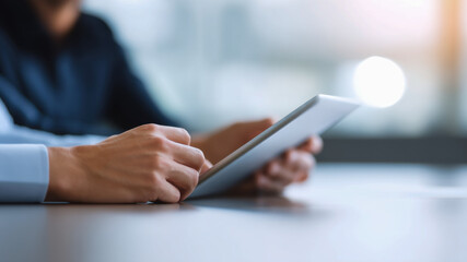 Close up hands tablet office meeting business teamwork discussion planning strategy create focused collaboration energy in modern workspace with soft light and professional mood