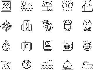 Travel and vacation icon set, summer holiday line icons, beach, ocean, backpack, compass, passport, boat, swimsuit, tropical