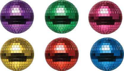 Colorful disco ball set, vibrant party decoration, reflective sphere illustration, dance theme graphic, symmetrical layout, white background design