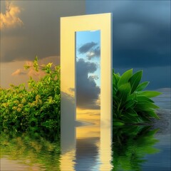 A surreal image showing a doorway reflecting a dramatic sky and water, with green plants on either side.