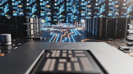 Advanced computer processor on a futuristic motherboard with glowing data pathways representing the flow of digital information and processing - Powered by Adobe
