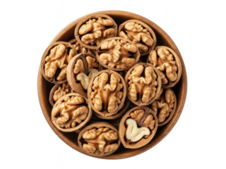 A top view of shelled walnut halves arranged neatly inside a small round wooden bowl, isolated on transparent background