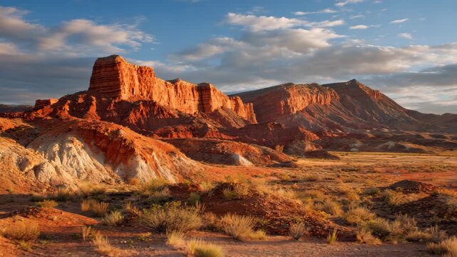 Dramatic red rock formations in a desert landscape under a blue sky with clouds showcasing the arid beauty of the American Southwest