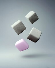 Four geometric cubes floating against a soft gray background. One cube is pink, the others are gray. The image has a minimalist aesthetic.