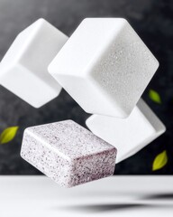 Close-up of several geometric cubes floating against a dark background, with a few green leaves.