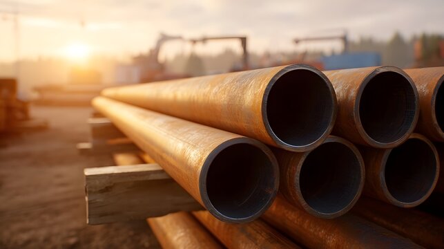 A close up view of several rusty metal pipes stacked on wooden beams in an outdoor industrial setting during golden hour sunset