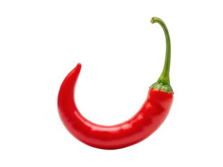 Curved bright red chili pepper with green stem isolated on transparent background for culinary spice and heat concept