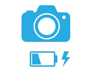 Blue camera icon with battery charging symbol isolated on white background