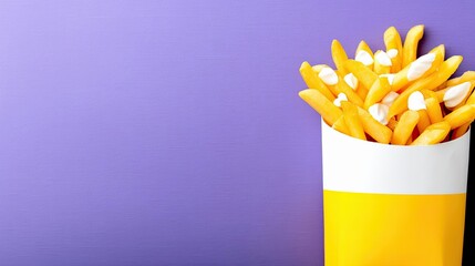 A box of french fries with sauce on a purple background. The fries are yellow and the box is yellow and white.