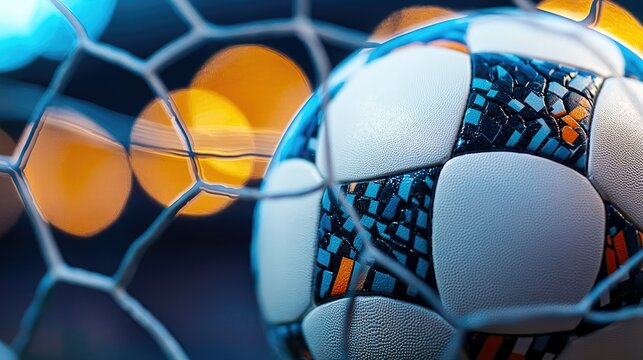 Close-up of a soccer ball inside a net, with a blurred bokeh background. The image has dramatic lighting.