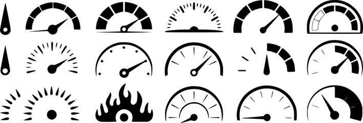 Collection of black and white speedometer and gauge icons with varying designs