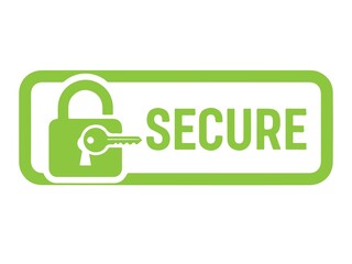 Green secure badge icon with padlock and key isolated on white background