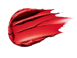 Vibrant red lipstick smear swatch texture isolated on transparent background showing rich pigment and creamy finish for beauty product advertising