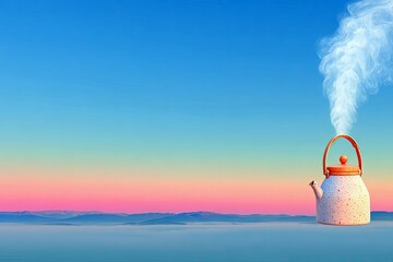 A stylized image of a kettle with steam rising against a colorful sky and misty mountains.