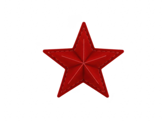 A realistic, threedimensional red fabric star with visible stitching, isolated on transparent background for easy design use