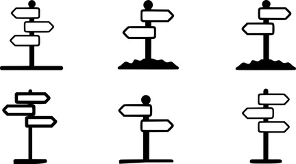 Collection of Black and White Directional Signpost Icons with Blank Arrows
