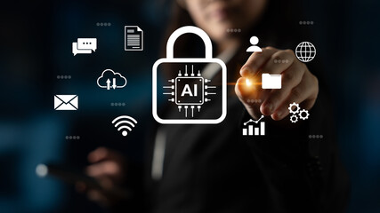 An illustrative concept showcasing digital security with artificial intelligence, emphasizing data protection, privacy, and modern technology interfaces in a connected world. Gantry
