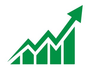 Green upward trending bar chart with arrow isolated on white background