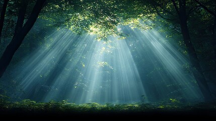 Sunlight streams through the trees in a lush forest, creating a dramatic and atmospheric scene. The light filters through the leaves, illuminating the forest fl