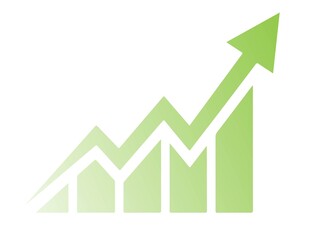Green upward trending bar chart with arrow isolated on white background