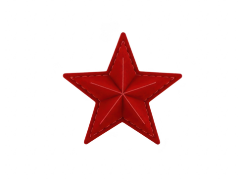 A realistic, threedimensional red fabric star with visible stitching, isolated on transparent background for easy design use
