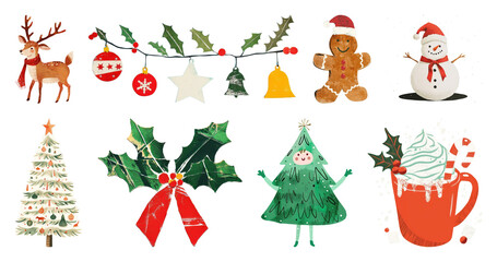 Fototapeta premium PNG Festive holiday decorations collection, element set on transparent background