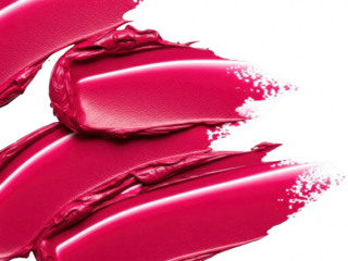 Closeup of vibrant magenta lipstick swatches showing texture and shine isolated on transparent background